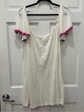Pitusa White Pima Cotton Evil Eye Beaded Kaftan Cover Up Dress Standard Resort